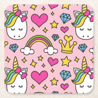 Funny Unicorn Pattern Pink Magic Horse Cute        Square Paper Coaster