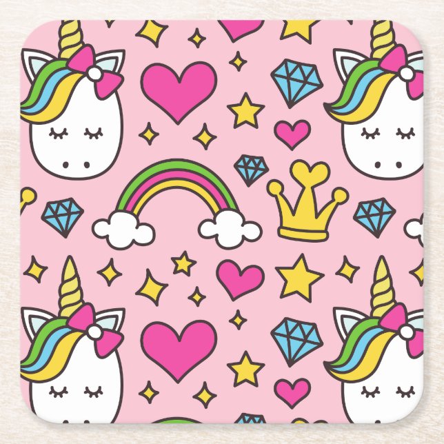 Funny Unicorn Pattern Pink Magic Horse Cute        Square Paper Coaster (Front)