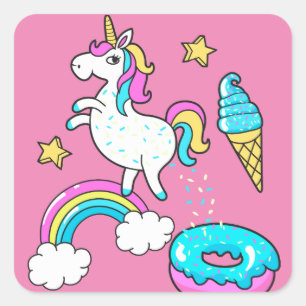 Funny unicorn pooping rainbow sprinkles on doughnu square sticker
