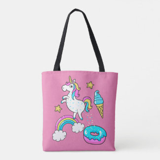 Funny unicorn pooping rainbow sprinkles on doughnu tote bag