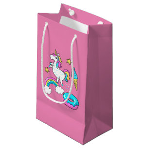 Funny unicorn pooping rainbow sprinkles on small gift bag