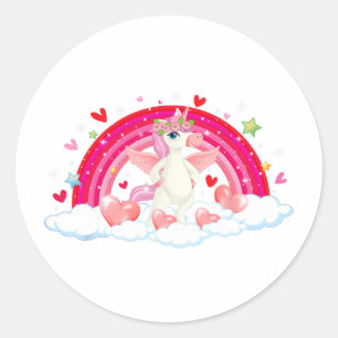 Funny Unicorn Rainbow Hearts Stars Happy Valentine Classic Round Sticker