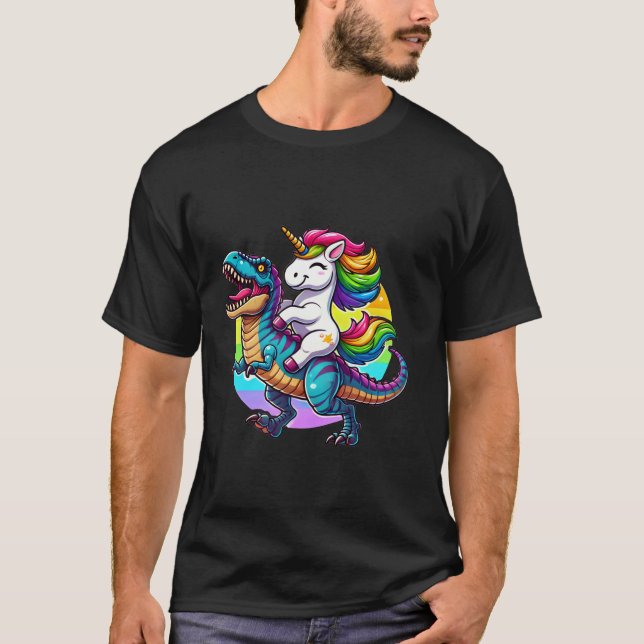 Funny Unicorn Riding Dinosaur T Rex Rainbow Duo Ad T-Shirt (Front)