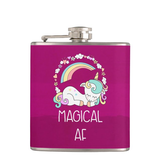 Funny Unicorn Saying Magical AF Hip Flask (Front)