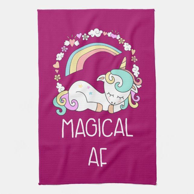 Funny Unicorn Saying Magical AF Illustration Tea Towel (Vertical)
