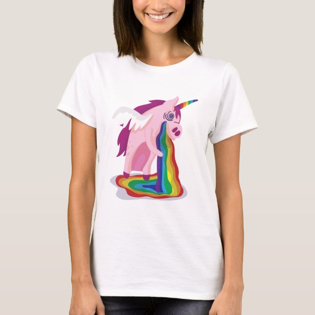 Funny Unicorn Vomiting Rainbows Sick Novelty Gag T-Shirt (Front)