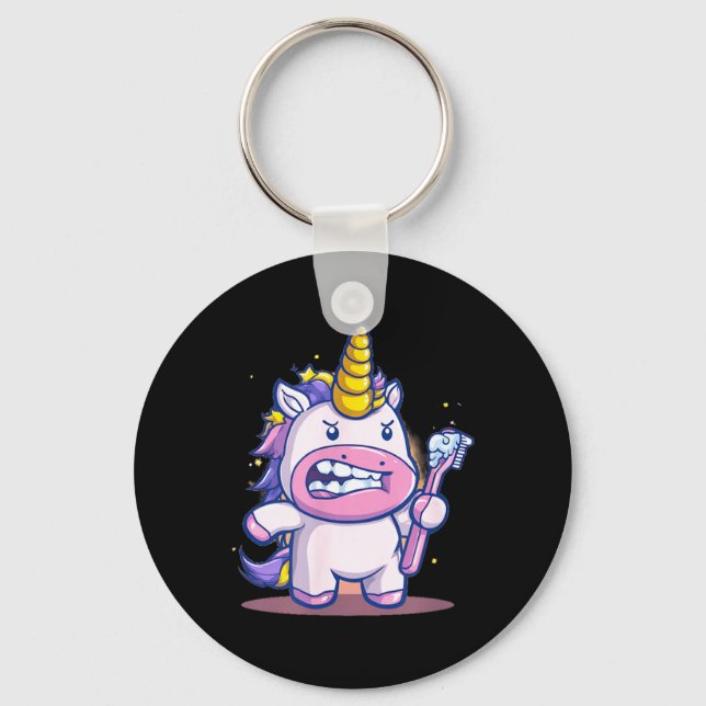 Funny Unicorn with Toothbrush and Teeth Graphic Key Ring (Front)