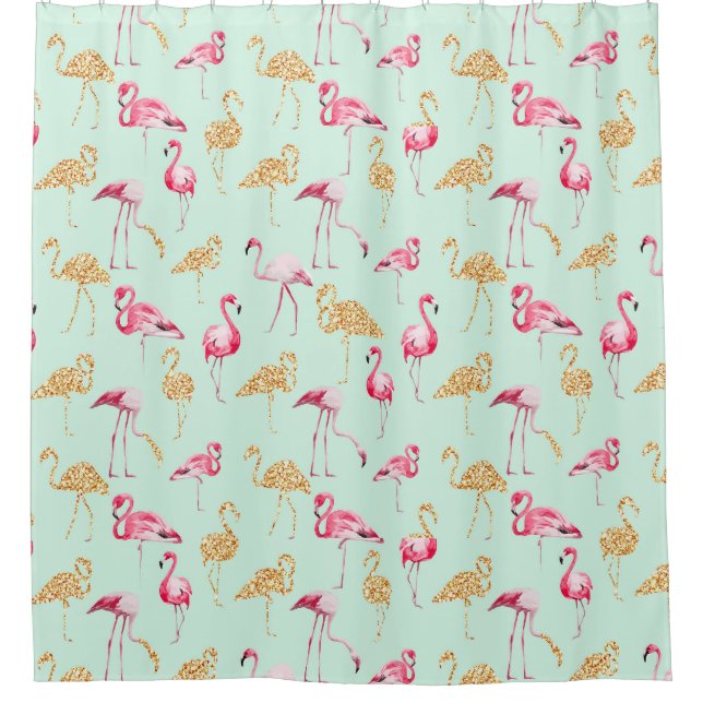 Funny Unique Girly Pink and Gold Funky Flamingo Shower Curtain (Front)