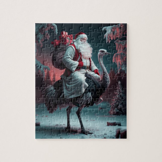 Funny Unique Santa and Ostrich Christmas Snow Jigsaw Puzzle (Vertical)