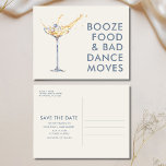 Funny Unique Wedding Save the Date Announcement Postcard<br><div class="desc">Make your announcement unforgettable with these funny unique wedding save the date postcards! Featuring a playful champagne glass design with a sparkling ring inside, the front boldly declares, ‘Booze, food, and bad dance moves’—perfect for couples who love to celebrate with humour and style. Personalise this design with your names, wedding...</div>