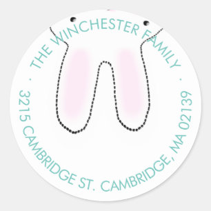 Funny upside down Easter bunny white teal address Classic Round Sticker