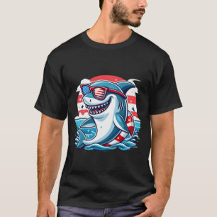 Funny US Flag Sunglasses Cool American Shark Ocean T-Shirt