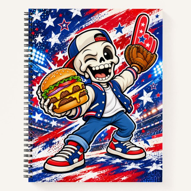 Funny USA Baseball Skeleton Notebook – Burger & Fi (Front)