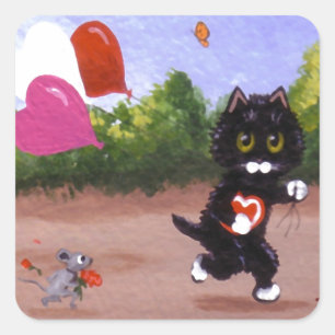 Funny Valentine Cat and Mouse Creationarts Square Sticker