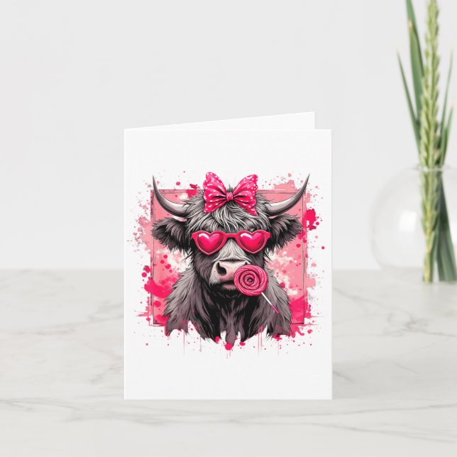 Funny Valentine Highland Cow Lollip Heart Art Nk L Card (Front)