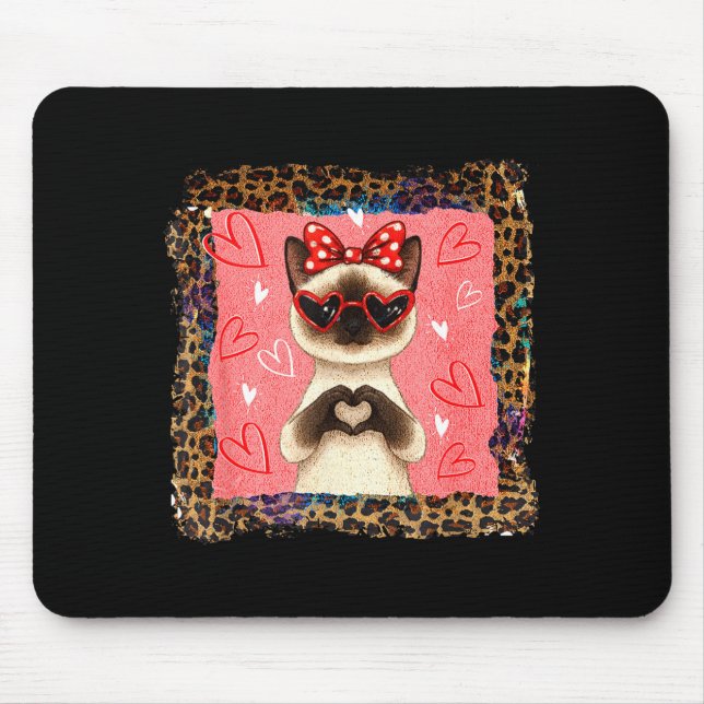 Funny Valentine Siamese Cat Heart Hands Bubble Bow Mouse Pad (Front)
