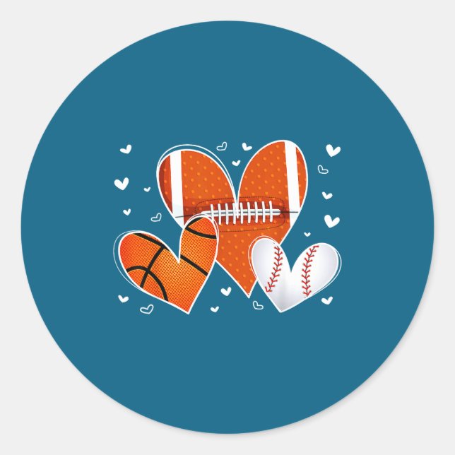 Funny Valentines Baseball Basketball Football Hear Classic Round Sticker (Front)