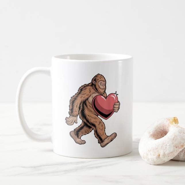 Funny Valentines Day Bigfoot Heart Sasquatch Lover Coffee Mug (With Donut)