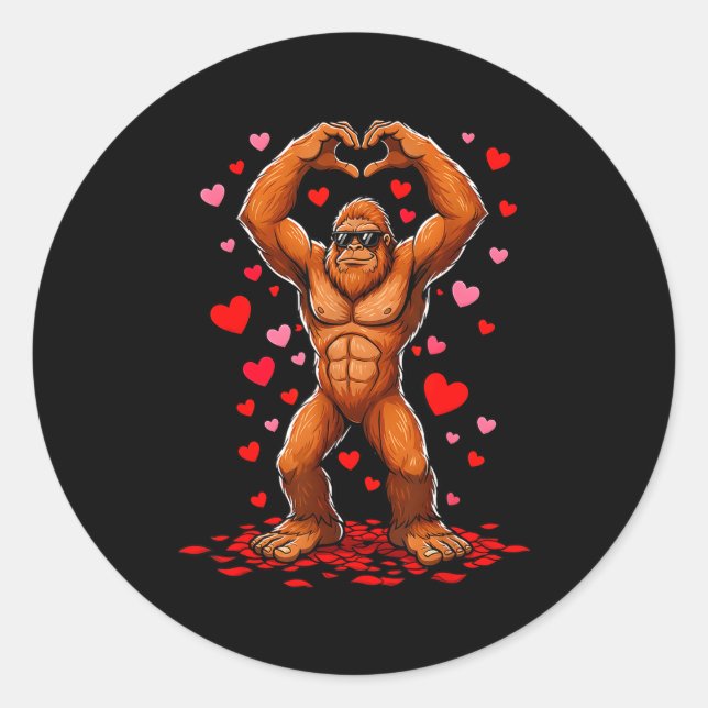 Funny Valentines Day Bigfoot Heart Sungles Sasquat Classic Round Sticker (Front)