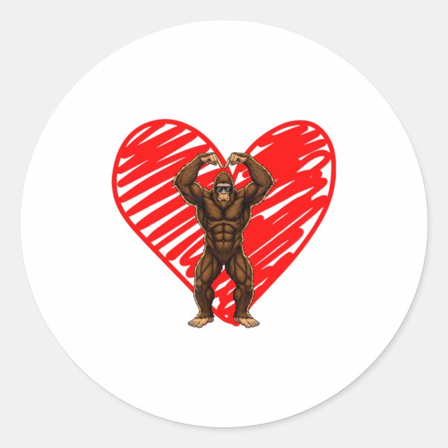 Funny Valentines Day Bigfoot Sungles In Heart Sasq Classic Round Sticker (Front)