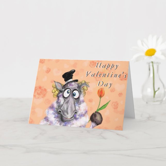 Funny Valentine's Day Card Romantic Ram with Tulip (Small Plant)