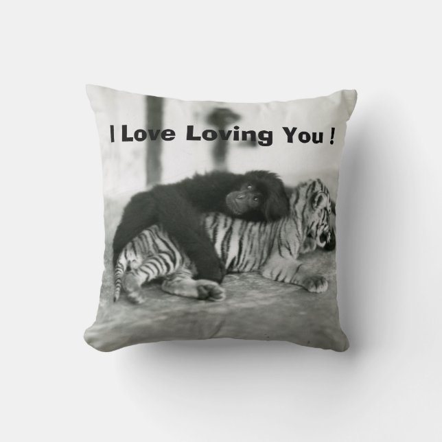 Funny Valentines Day Monkey and Tiger Cushion (Front)