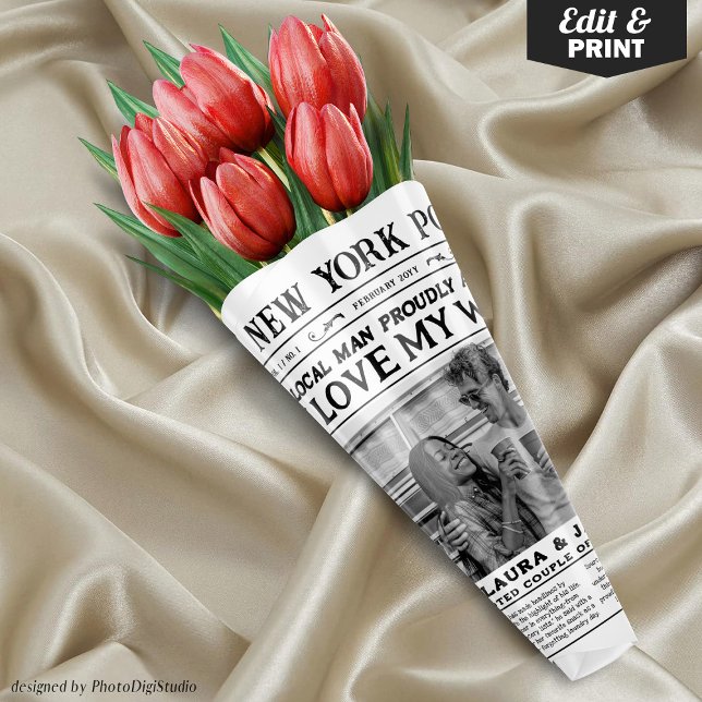 Funny Valentines Newspaper Flower Bouquet Wrap  Wrapping Paper Sheet (Editable Funny Valentines Newspaper Flower Bouquet Wrap Wrapping Paper Sheets)