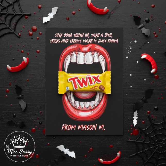Funny Vampire Bite Halloween Candy Gram Card (Vampire Halloween card with vampire mouth holding a Twix bar, surrounded by spooky decorations.)