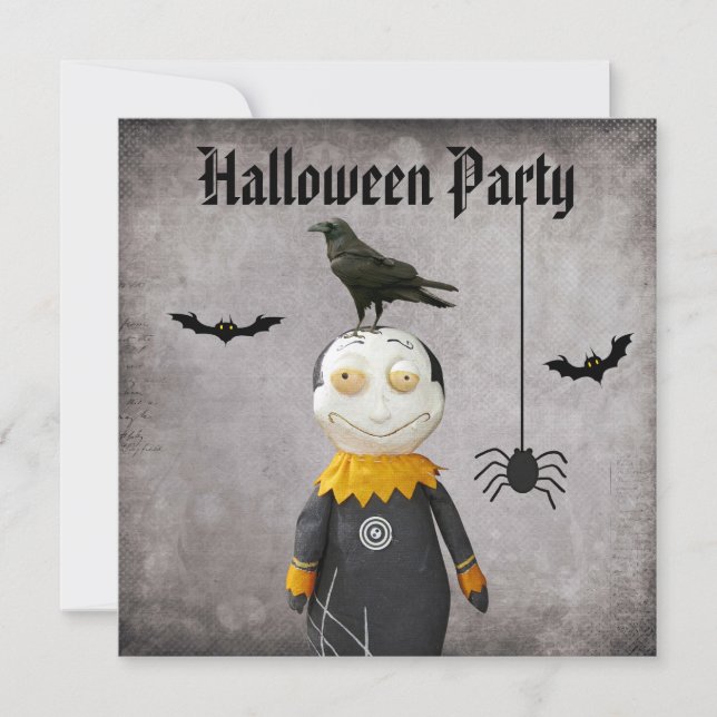 Funny Vampire & Crow Damask Halloween Party Invitation (Front)