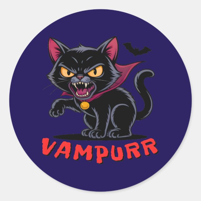 Funny Vampurr Vampire Cat Halloween Pun Classic Round Sticker (Front)