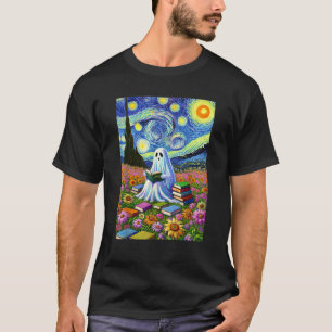 Funny Van Ghost Reading Book Floral Starry Night B T-Shirt