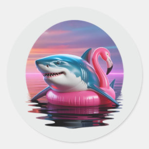 Funny Vaporwave Shark on Flamingo Pool Float Classic Round Sticker