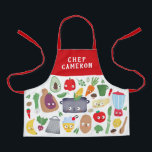 Funny Vegetable Fruit Faces Chef Kids Apron<br><div class="desc">This fun personalised apron features vegetables, fruit, kitchen utensils, a cutting board, a pot, and even a blender, most with silly faces. The top and straps are a solid red, but they can be customised to any colour you'd like. Easy to customise for a unique gift, perfect for the young...</div>