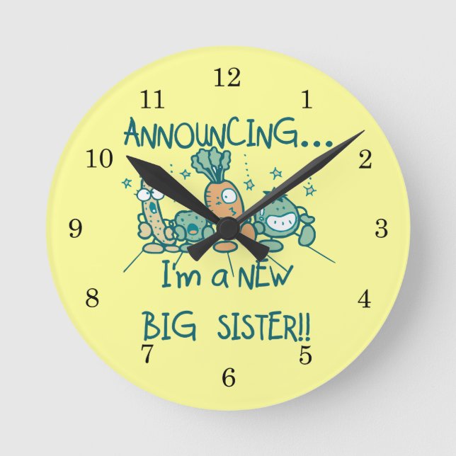 Funny Veggies New Big Sister Round Clock (Front)