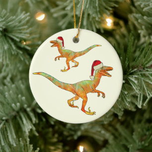 Funny Velociraptor Dinosaurs Festive Santa Raptors Ceramic Ornament