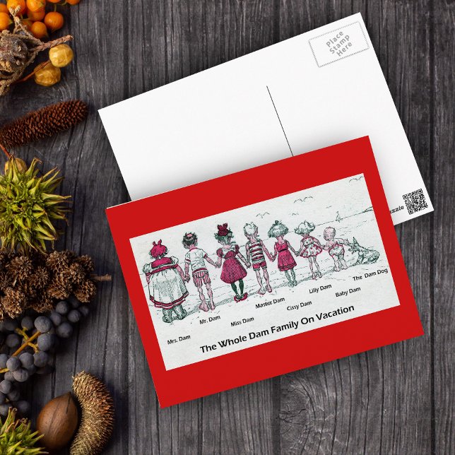 Funny Victorian Family Beach Vacation Postcard (Funny vintage Victorian postcard the Whole Dam Family on vacation on white and red postcard.)