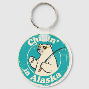Funny Vintage Alaska Chillin Polar Bear Fishing Key Ring