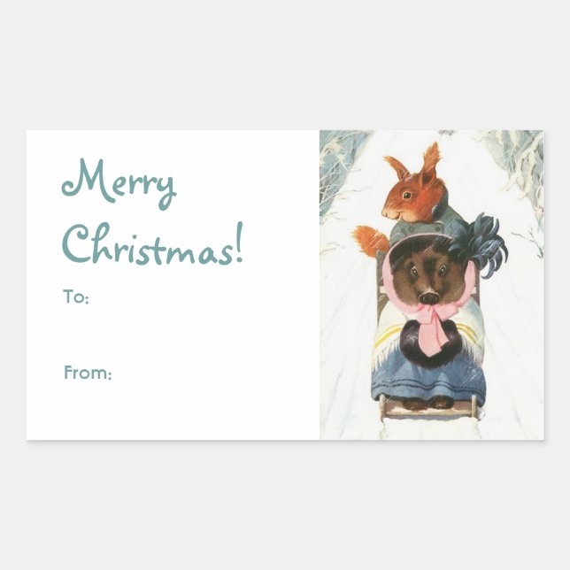 Funny Vintage Animals Sledding "Merry Christmas" Rectangular Sticker (Front)