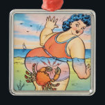 Funny Vintage Beach Humour Crab Attack Illustratio Metal Ornament<br><div class="desc">This vibrant vintage illustration, dating from the 1930s-1940s, captures the playful and cheeky spirit of mid-century seaside humor. It depicts a curvaceous woman in a stylish coral swimsuit wading in the ocean, surprised by a mischievous crab. The bold lines, saturated colors, and expressive character design are hallmarks of the classic...</div>