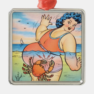 Funny Vintage Beach Humour Crab Attack Illustratio Metal Ornament