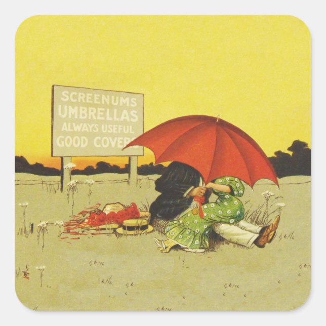 Funny vintage beach umbrella sweethearts square sticker (Front)