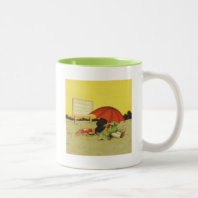 Funny vintage beach umbrella sweethearts Two-Tone coffee mug (Right)