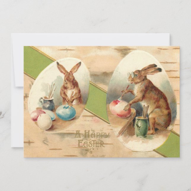 Funny Vintage Bunnies Painting Easter Eggs Holiday Card (Front)