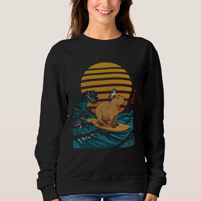 Funny Vintage Capybara Surfing Japanese Waves Sweatshirt (Front)