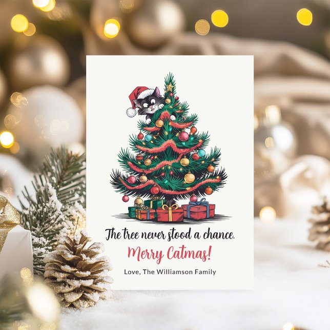 Funny Vintage Cat Christmas Card  (Funny Vintage Cat Christmas Card on a table with Christmas decoration)