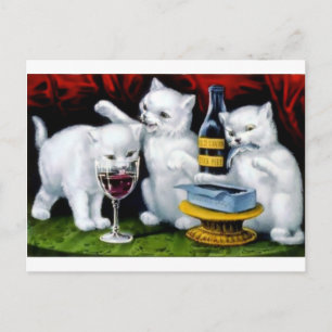 Funny Vintage Cat Party with Wine and Sardines Postcard