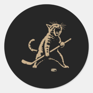 Funny Vintage Cat Playing Ice Hockey Puck Cool Spo Classic Round Sticker