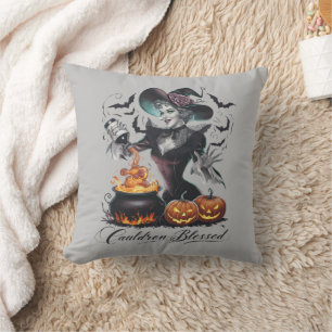 Funny Vintage Cauldron Blessed Witch Halloween Cushion