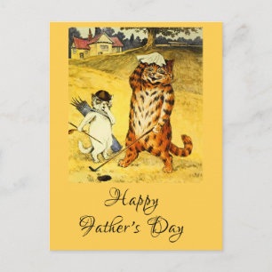 Funny Vintage Father's Day Golfing Cat & Caddie Holiday Postcard