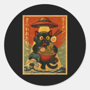 Funny Vintage Gaming Cat Gamer Ramen Ufo Japanese Classic Round Sticker